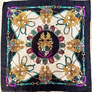Vintage 90s Baroque Equestrian Scarf 33x34 Made in Korea Heraldic Chain Print